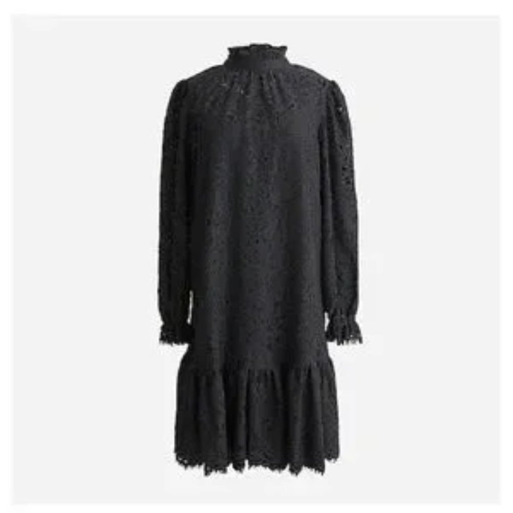 NWT: J. Crew : Ruffle Neck Long Sleeve Lace Mini Dress : Black : Small